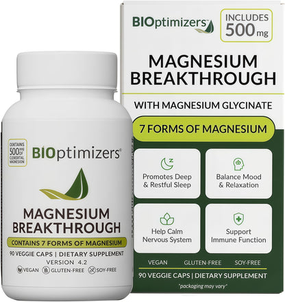 BIOptimizers Magnesium Breakthrough Supplement with 500mg - 7 Forms of Magnesium: Glycinate, Malate, Citrate, and More - Natural Support for Sleep and Cognitive Function -60 Capsules- Calming Vitamins